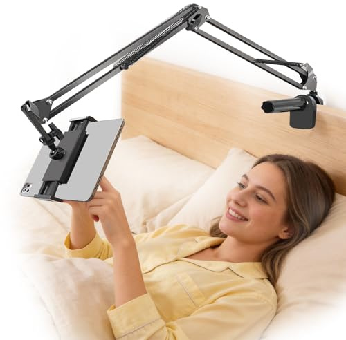 Supporto Tablet, Porta Tablet da Letto Rotazione a 360°,Adatto per Telefoni Cellulari o Tablet da 4,7-13 Pollici, Adatto per il Fissaggio su Superfici Piane con uno Spessore Massimo di 6,5 cm