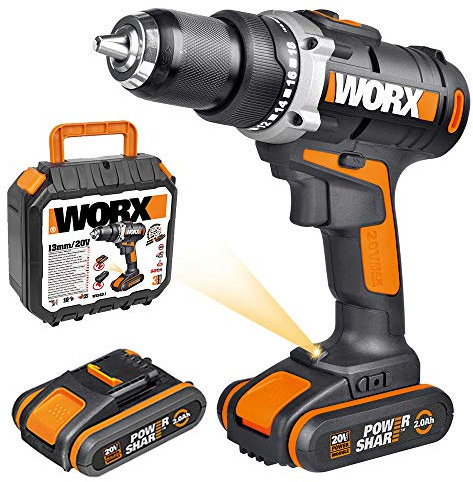 WORX WX183.1 Akkuschrauber 20V - 50Nm, 2-Gang-Getriebe und LED-Licht – Akkubohrschrauber Set zum Bohren und Schrauben - mit 2 Li-Ion Akkus, Ladegerät und Werkzeugkoffer