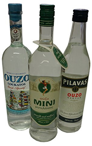 3x Lieblings Ouzo Mini Mytilini 40% Pilavas 38% Loukatos 38% je 700ml aus Griechenland griechischer Traditions Trester mild - 3er Set + 10ml Olivenöl oder 2g Kaffee Frappe Sachet zum testen