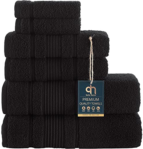 Qute Home 6-Piece Bath Towels Set, 100% Turkish Cotton Premium Quality Bathroom Towels, Soft and Absorbent Turkish Towels, Set Includes 2 Bath Towels, 2 Hand Towels and 2 Washcloths (Black)