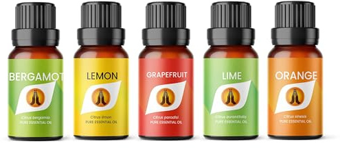 Citrus Essential Oil Set | Lemon, Lime, Orange, Bergamot & Grapefruit 5 x 10ml | for Aromatherapy Diffusers, Home Gift, Candle Making, Soaps, Cleaning