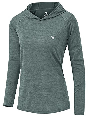 YSENTO Damen Laufshirt Langarm Sportshirt UPF 50+ Schnelltrocknend UV Schutz Hoodie Pullover Wandershirt mit Daumenlöcher(Grau blau,M)