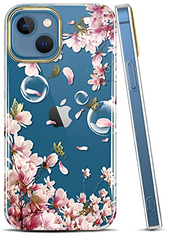 RXKEJI Clear Case Compatible with iPhone 13 Mini Case with Flowers, for Girls Women, Shockproof Glitter Plating Floral Design Hard Back Cover Phone Case 5.4 inch 2021 Gold Butterfly Flower Pink