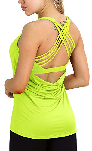 icyzone Femme Débardeur de Yoga, Sport Top avec Soutien-Gorge intégré, Fitness Shirt sans Manches (M, Jaune Fluo)