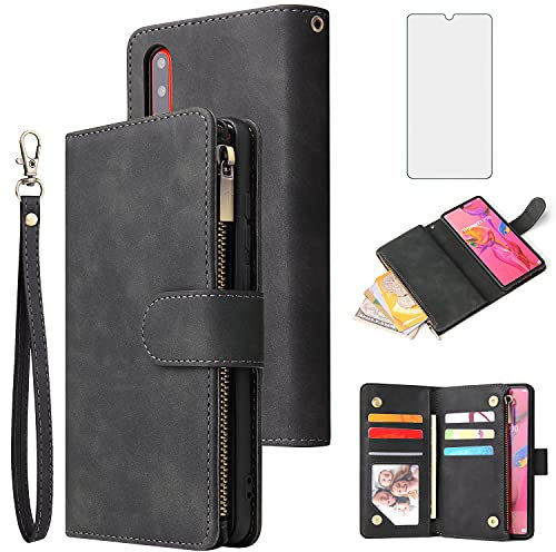 Asuwish Handyhülle für Huawei P30 Hülle mit Folie Schutzfolie und Kartenfach Klappbar Leder Geldbörse Ständer Reißverschluss Hawaii P 30 ELE-L29 Schutzglas Handy Hüllen Schutzhülle Phone Case Schwarz
