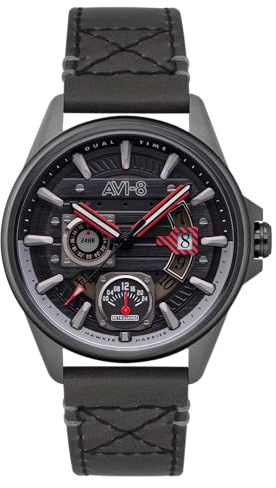 AVI-8 Pilot Hawker Harrier Farley Herren-Armbanduhr, japanisches Quarz, 44 mm, mit Lederband, AV-4098-04, Schwarz