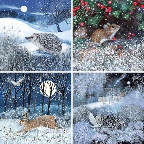 Museums & Galleries Charity Christmas Cards - Pack of 20 Assorted Premium Greeting Cards - Festive British Wildlife in the Snow - (5 Each of 4 Designs) - Lucy Grossmith - In Aid of UK Charities