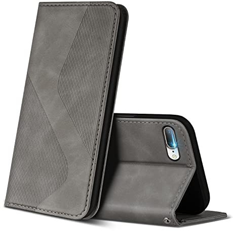 ZONNAVI Premium PU Leather Wallet Case with Card Slots & Viewing Stand, Shockproof Flip Cover for iPhone 8 Plus/7 Plus (Grey)