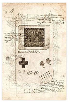 FISH DRAGATE Vintage-inspirierte Skizzen Patent Gameboy Leinwand Poster Schlafzimmer Dekor Sport Landschaft Büro Zimmer Dekor Geschenk Rahmen Stil 30 x 45 cm