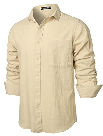 PARKLEES Herrenhemd, normale Passform, Baumwollähnliches Leinen, lässig, langärmelig, Button-Down-Shirt, mit Tasche, beige, S
