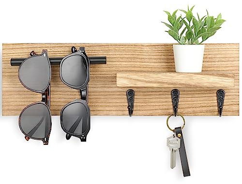 Lucundm Key Holder for Wall, Decorative Entryway Shelf with Hooks Holds Keys, Dog Leash, Sunglasses – Key Hanger with 3 Hooks Organizes, Enhances Home Decor (15” x 4.5” x 2.6”) (Wood)