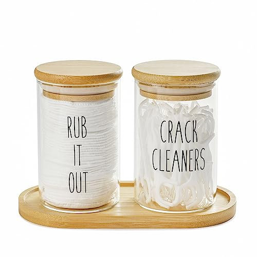 FEILANDUO Qtip Holder Dispenser with Bamboo Lids, Glass Apothecary Jar for Cotton Ball, Swab, Pads, Floss, Farmhouse Bathroom Canisters Accessories with Tray Makeup Organizer-10 OZ