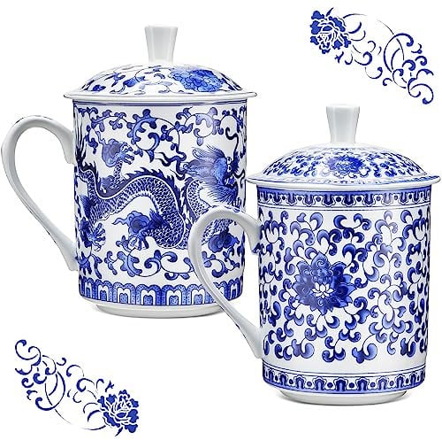Dandat 2 Pieces China Porcelain Tea Cup with Lid Convenient Travel Coffee Cup Kung Fu Personal Bone China Mugs Ceramic Tea Cup with Loose Leaf Tea Brewing System for Home Office Kitchen