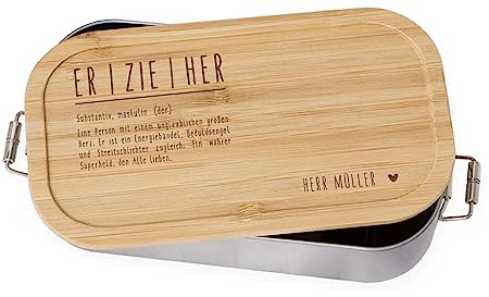 Personalisierte Lunchbox für Erzieherin, Lehrerin mit individueller Gravur - Brotdose mit Bambusdeckel als Dankeschön - Geschenk zum Abschied, Schulende