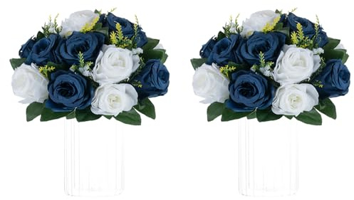 Nuptio, 2 Pcs 9.5 Navy Blue White Artificial Flower Table Centerpieces Artificial Flowers Fake Silk Rose Wedding Party Centerpiece Table Decor