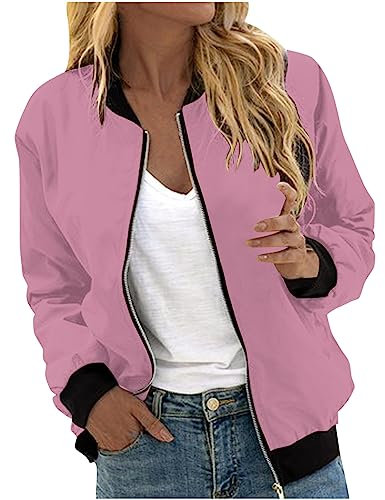 Susenstone Veste Femme Motard Blouson Léger Bomber Blouson Outwear Zippé Couleur unie Imprimé Floral Court Jacket Court Zippé Slim Fit Avec Poches Automne Hiver Manteau De Moto Jacket 002# Rose XXL