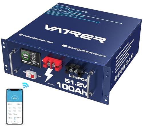 VATRER POWER 51.2V100AH Batterie Lithium LiFePO4 100A BMS, Écran Tactile & APP Bluetooth, Max. 4800W, 5000+ Cycles Parfait pour Systèmes Solaires Applications Indépendantes du Réseau