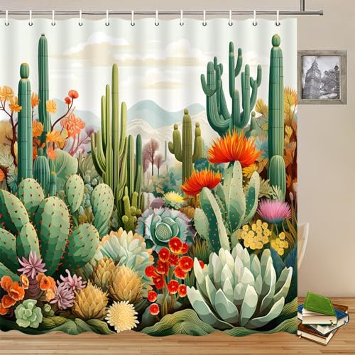 Yadshoti Kaktus Duschvorhänge Tropische Pflanzen und Blumen Sukkulente Blume Wüste Berglandschaft Badezimmer Dekor Polyester Stoff Vorhänge 178 x 178 cm mit Haken