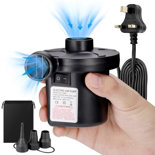 JIZZU Electric Air Pump,AC 240V/DC 12V 50W High Power Electric Air Pump with 3 Nozzles Airbed Pump with Electric for Swimming Ring, Air Bed Mattress, Inflatables Paddling Pool, Beach Toys