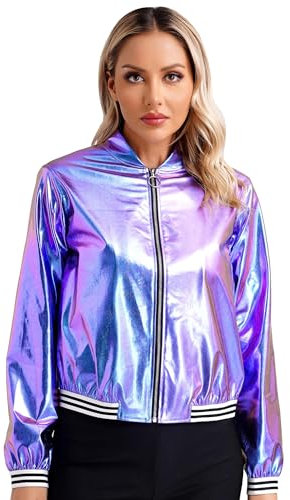 Freebily Damen Metallic Jacke Glitzer Holographic Bomberjacke Karneval Techno Party Festival Oberteil Reflektierend Casual Sportjacke mit Reißverschluss Blau_A L