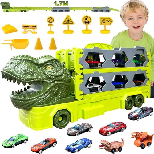 Autotransporter Spielzeug für ab 3 Jahre, 170cm Transport Truck Spielzeugautos, Tragbarer Dino LKW Spielzeug mit 6 Rennwagen, 2 Dinosaurier Rückziehautos, Auto Transporter Kinder 3 4 5 6 7 8