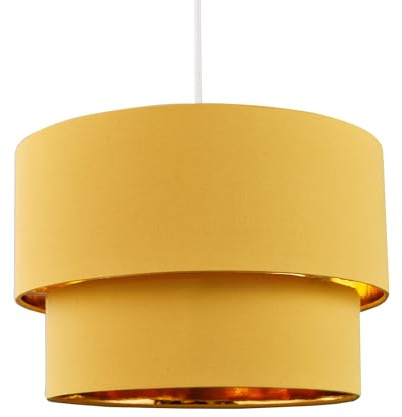 Modern and Trendy Mustard Ochre Cotton Fabric Double Tier Design Ceiling Pendant Lamp Shade with Shiny Golden Inner | 20cm x 30cm by Happy Homewares
