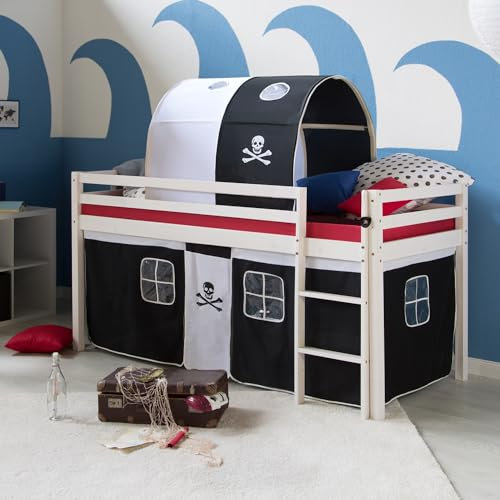 Homestyle4u Kinderhochbett Pirat weiß schwarz 90 x 200 cm Holz Kinderbett mit Leiter Tunnel Lattenrost