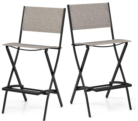 KOMFOTTEU Set di 2 Sgabelli da Bar Pieghevoli, Sgabelli Alti da Cucina con Schienale e Poggiapiedi, Sedie da Giardino in Tessuto Textilene, 46 x 57 x 102 cm, Marrone