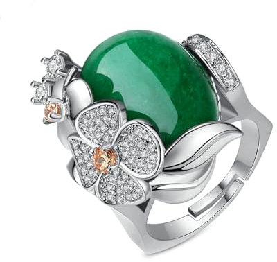 Verlobungsring Damen, Verstellbarer Ring mit grünem Chrysopras und Blumen-Zirkonia, 22 mm, Silber Grün