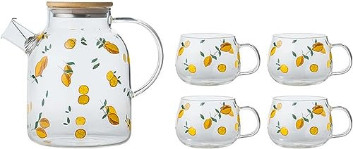Vasos for beber, vasos de vidrio, jarra, jarra de agua, hervidor de agua de vidrio, juego de té con 4 tazas, utensilios for beber en el hogar, verano, fiesta, jugo, bebida, tetera, tazas, jarra de agu