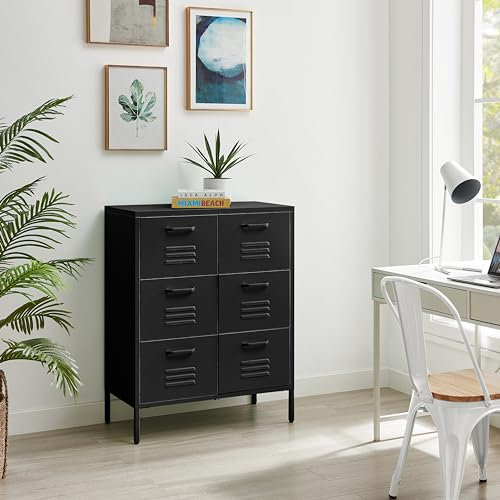 Furniturebox UK Black Metal 6 Drawer Sideboard - Teksi - Industrial Metal Locker Filing Style Cabinet - Living Room Bedroom Bathroom Office Storage - Chest of Drawers - Modern Fun Design
