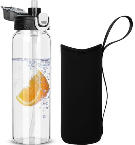 DEARRAY 0.8l Trinkflasche Glas Flasche mit Strohhalm 800ml Glasflasche mit Schutzhülle, Auslaufsicher BPA frei Wasserflasche für Sport, Smoothie, Früchte Kohlensäure geeignet