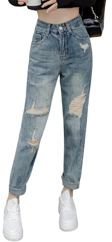 MGizo DtiSpectrum Jean Déchiré pour Femme - Jean Bleu Clair Coupe Décontractée Effet Vieilli, Jean Boyfriend Taille Haute à Jambe Droite, Pantalon en Denim à Revers Roulés