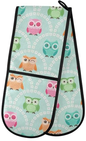Gants de cuisine doubles résistants à la chaleur Motif chouettes mignonnes Vert