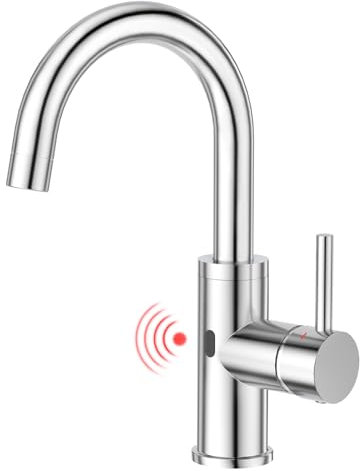 CREA Infrarot Wasserhahn 360° drehbar mit Automatischer Sensor Berührungslose, Einhebelmischer Armatur für Waschbecken Bad/Spülbecken Küche aus Edelstahl poliert verchromt
