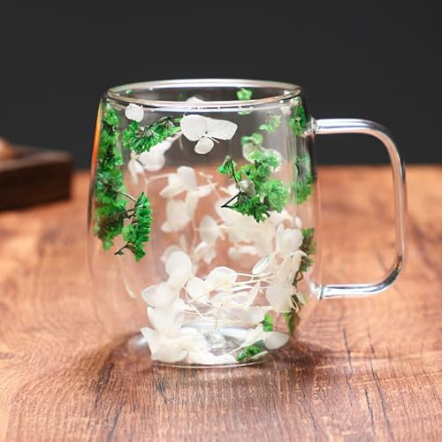 Richaa Fleurs séchées Verres à double paroi avec poignée 250 ml Verres à latte macchiato tasses à cappuccino tasses à café tasses cadeaux originaux verres à café