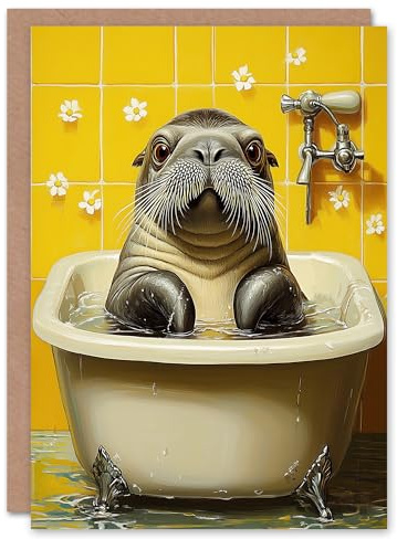 Artery8 Greeting Card Cute Walrus Yellow Bathroom Bathtub Bath Time For Her Woman Birthday Card