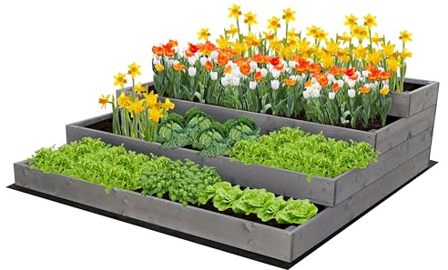 MODO24 Hochbeet Holz, 4-stufiger, Blumenkasten 36x117x120 cm, Grau | Komplettes Anzuchtset inkl. Schrauben, Dekoratives Gemüsebeet, Kräuterbeet & Blumenkasten für Garten und Terrasse