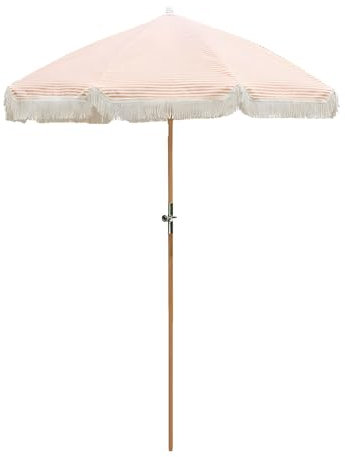 Générique 6.5ft/200cm Parasol de Plage À Franges Rayées, Pliable, Protection UV, Mât en Bois, 8 Ribs Garden Parasol
