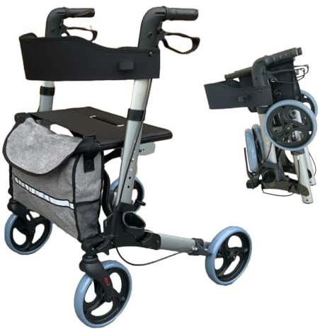 Lightweight Folding Four Wheel Rollator | Weighs only 7.78kg | Rollator Walker with Seat | Indoor & Outdoor | Adjustable Height | Mobility Walker | Mobility Aids | Walking Frame | Walking Aids