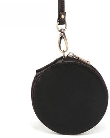 Mini porte-monnaie rond en cuir avec fermeture éclair, style rétro, bronze, idéal pour le shopping, la promenade du chien, les voyages, les clés, Noir , Porte-monnaie rond