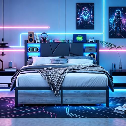 JiaOyu Polsterbett 140x200 cm mit LED-Beleuchtung und USB-Ladeanschluss, Metallbett Doppelbett mit 2 Schubladen, Stauraumbett Jugendbett mit Lattenrost aus robustem Metall, Schwarz (Typ D, 140x200cm)