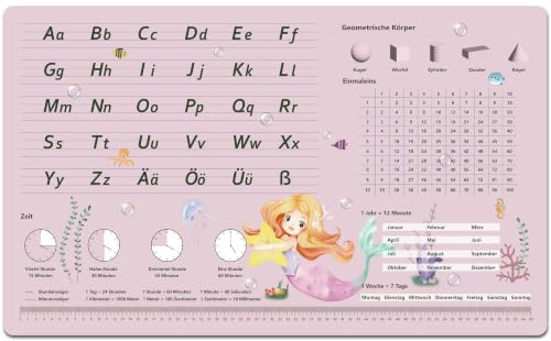 Schreibtischunterlage für Kinder - Meerjungfrau Muster ABC Schreibtischunterlag Mädchen - 70 x 40 cm - doppelseitige Premium - Vinyl Schreibunterlage - abwischbar, öl- und schmutzabweisend, weicher