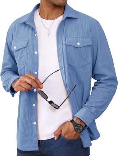 MAGCOMSEN Men's Shirt Corduroy Long Sleeve Top Casual Button Down Work Overshirt Jacket with Chest Pocket Light Blue