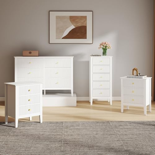 Melody Maison 6 Drawer Chest of Drawers, Tall 5 Drawer Bedside Table and Pair of 3 Drawer Bedside Tables - Hales White Range