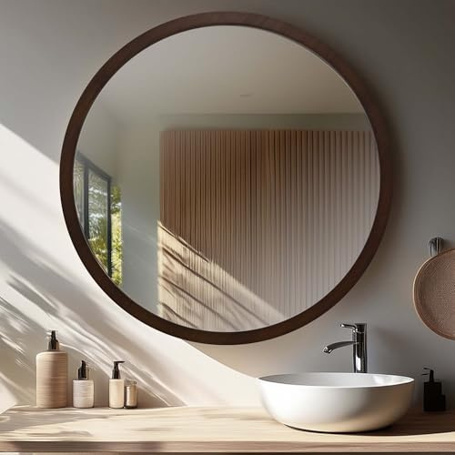 Espejo Redondo de Pared Color Nogal, Ancho 2,5 cm, 70 cm Exterior | Para Recibor, Salón y Baño