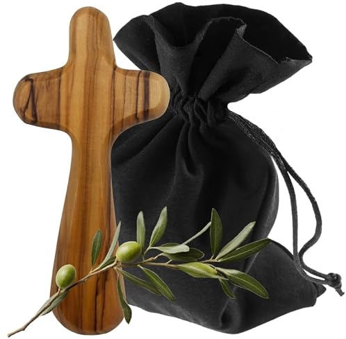 Lunexus Handschmeichler Kreuz Olivenholz 9 cm - handgefertigt, gesegnet | Olivenholz aus Bethlehem, handgefertigt - gesegnet mit Zertifikat - inkl. Stoffbeutel - für Taufe, Kommunion, Firmung, Gebet