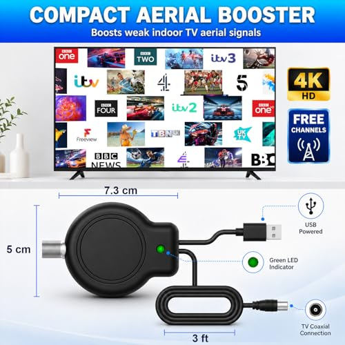 TV Aerial Booster Amplifier for Freeview HD, High Gain Digital Signal Booster, Low Noise USB Powered Aerial Amplifier, Improves Weak Reception & Reduces Pixelation for Indoor TV Aerials