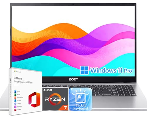 Acer Aspire 3 Premium Business Laptop with Backlit Keyboard | AMD Ryzen 7 7730U CPU | 15.6 FHD Display | 16GB RAM | 512GB SSD | Windows 11 Pro with Microsoft Office | Fast Wi-Fi 6 | Pure Silver