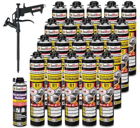 Isolbau - Bauschaum B1 - Montageschaum - PU-Schaum 20 x 750 ml - Pistolenschaum,1 x PU-Schaum-Reiniger & 1 x Schaumpistole - 1K Brandschutzschaum - Dämmschaum - Abdichtung, Wärmedämmung